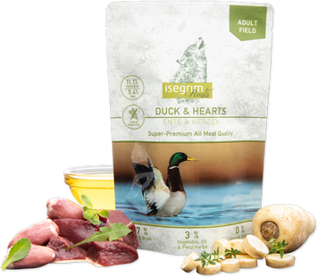 Високоякісний вологий корм для дорослих собак Isegrim Duck&Hearts Качка, сердечка, овочі, лляне масло  і дикі трави (92%м'ясо+бульон) пауч 410 гр IS-05 фото