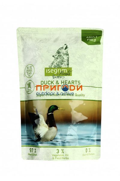 Високоякісний вологий корм для дорослих собак Isegrim Duck&Hearts Качка, сердечка, овочі, лляне масло  і дикі трави (92%м'ясо+бульон) пауч 410 гр IS-05 фото