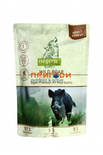Високоякісний вологий корм для дорослих собак Isegrim Wild Boar Кабан, пастернак і дикі трави (92%м'ясо+бульон) пауч 410 гр IS-07 фото