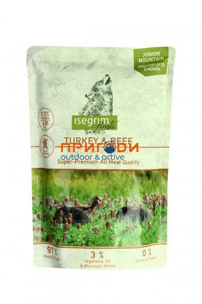 Високоякісний вологий корм для дорослих собак Isegrim Turkey&Beef Індичка і яловичина, батат і дикі трави  (92%м'ясо+бульон) пауч 410 гр IS-11 фото
